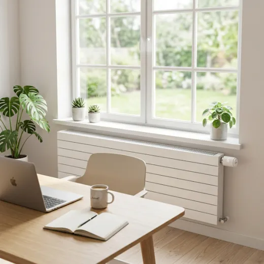Modernes Homeoffice mit Heizkörper unter dem Fenster — ideales Einsatzgebiet für das ART-210 Funk-Thermostat