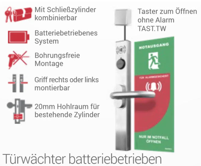 ELOCK2 EP4S Türwächter batteriebetrieben mit Features: bohrungsfreie Montage, Schließzylinder kombinierbar, Griff rechts oder links
