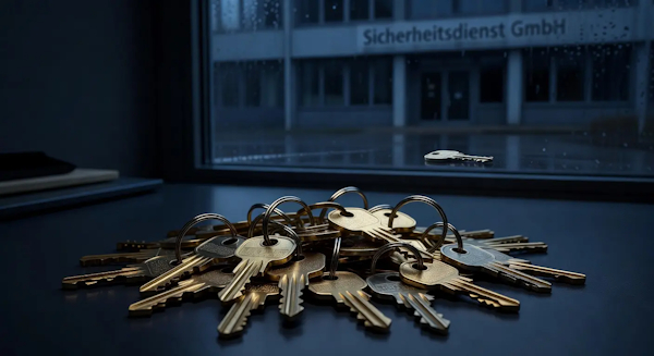 Schlüsselbund mit vielen Schlüsseln vor Sicherheitsdienst-Gebäude. Komplexität konventioneller Zutrittssysteme