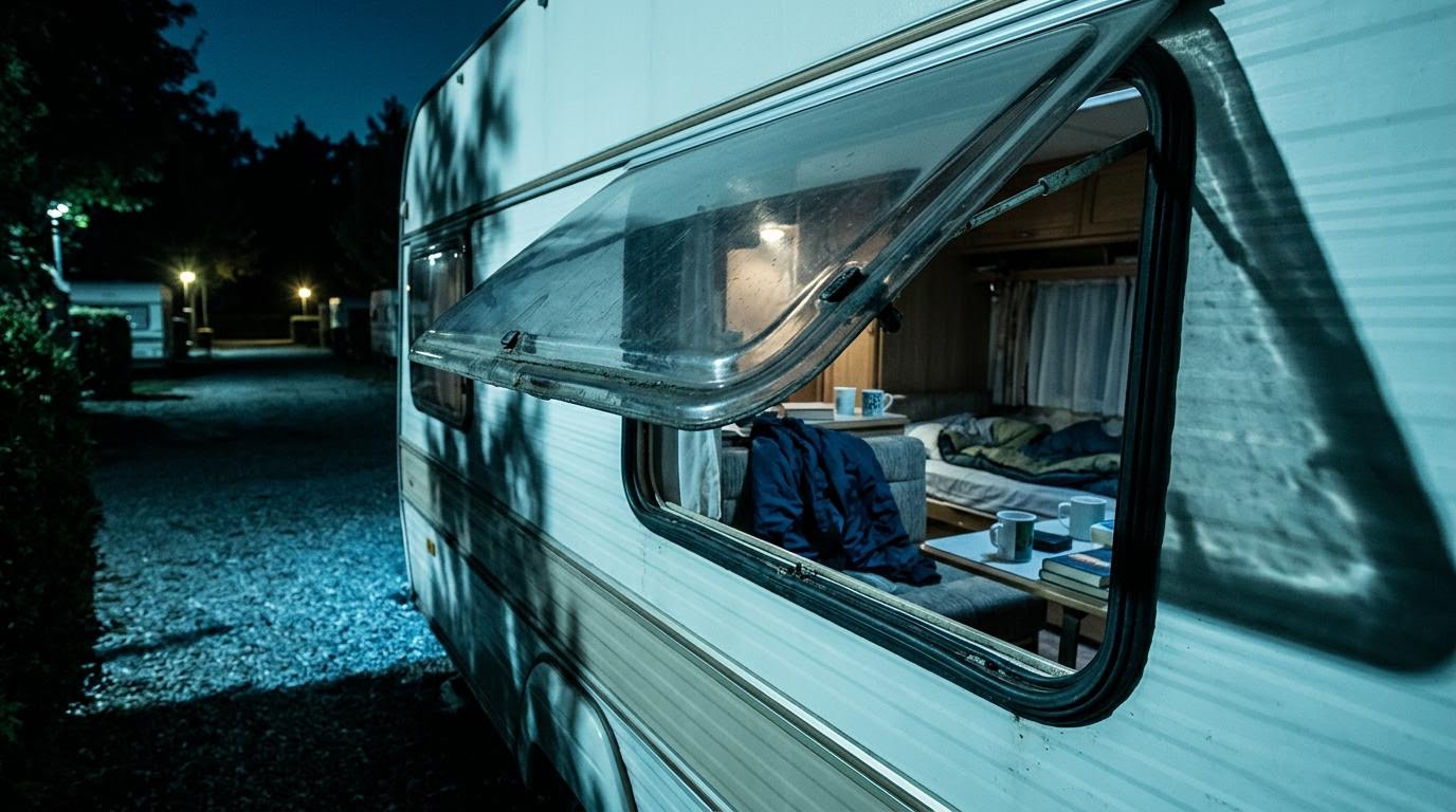 Wohnwagen bei Nacht, offene Tür
