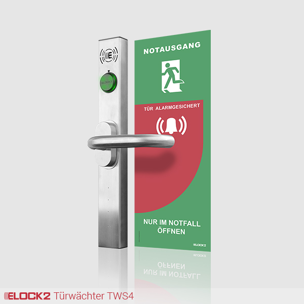 ELOCK2 TW4S Türwächter für Rohrrahmentüren mit Notausgang-Warnschild und RFID-Transponder